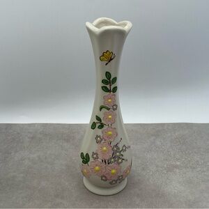 Vintage Floral Bisque Bud Vase Butterfly Hand Painted Spring Flowers 7 Inch Gift